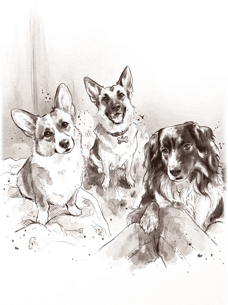 Emily & Christian's doggies illustration - Left